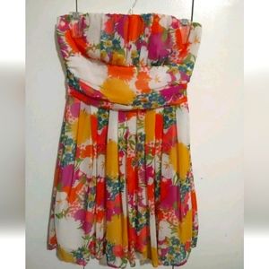 Twenty One Orange Pink Floral Party Cocktail Formal Dance Dress Strapless M